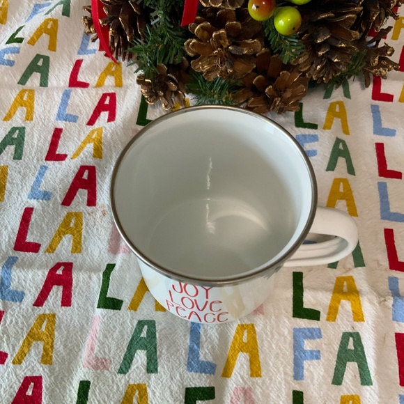 White Enamel Christmas/Winter Mug, Red Lettering Joy Love Peace, New - Picture 2 of 5